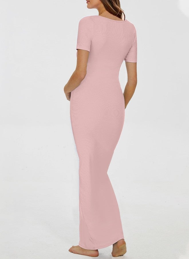Peauty Maternity Dress Baby Shower Pink Maternity Dress Photoshoot Short Sleeve Pregnancy Maxi Bodycon Dresses Ribbed Wedding Guest Square Neck Casual Clothes Summer Pregnancy Clothes (Pink M) - Image 5